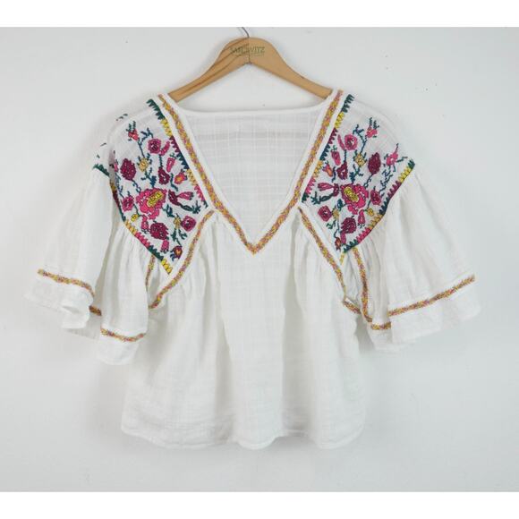 Pilcro Anthropologie Cera Peasant Blouse Cotton Gauze Floral Embroidered Boho XS - Picture 9 of 9